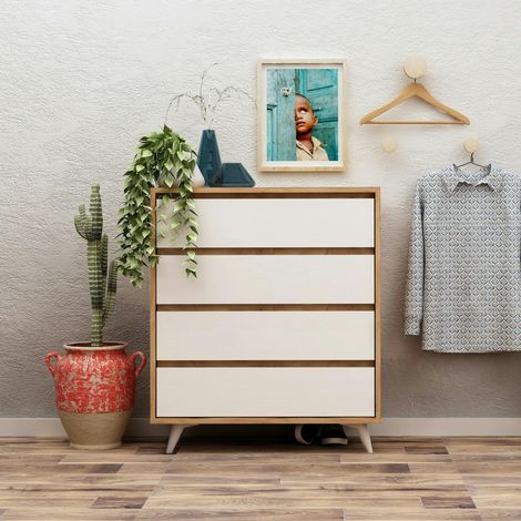 Commode moderne effet chêne 4 tiroirs blancs BYRON (1/5)