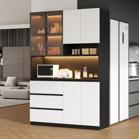 Meuble de rangement de cuisine avec éclairage LED, armoire multifonctionnelle 3 tiroirs, 6 portes et étagères pour vaisselle, four micro-ondes intégré. Dimensions : L 120,5 × P 40 × H 180 cm. (1/5)