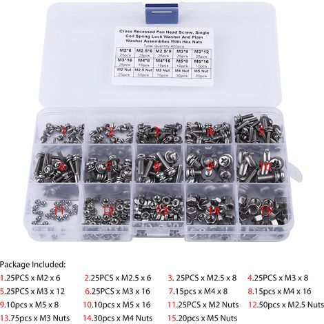 Satz mit 400 Kombinationsschrauben und -muttern mit Phillips-Hülsenkopf aus Edelstahl 304 (M2, M2,5, M3, M4, M5) (1/5)