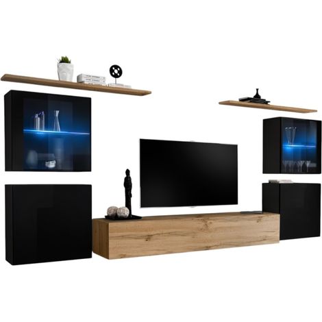 Composizione murale SWITCH XIV mobile TV sospeso in quercia Wotan e nero lucido con LED