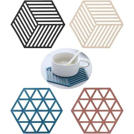 tapis isolant,4 Pièces Dessous De Plat Silicon,Antidérapant Hexagonal sous Plat,Dessous De Verre Résistant à La Chaleur, Antidérapant, Résistant à La Chaleur, Pliable