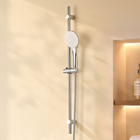 Auralum Max Duschstange 90 cm mit Weißer Handbrause 6 Modi (120mm) - Brausestange Chrom & Weiß mit Verstellbarer Wandhalterung (80 cm), 360° Halterung & 1,5m Duschschlauch (1/4)