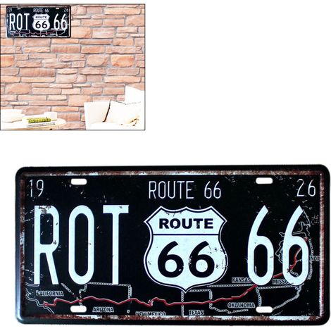Plaque métallique vintage Route 66 USA - Décoration murale garage, bar ou salon