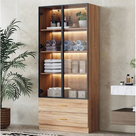Armoire de salle de bain MDF marron 75 cm avec rangement, 2 tiroirs, 2 portes vitrées et niches ouvertes (1/5)