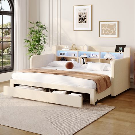 Lit banquette 90x200 cm extensible avec tiroirs, rangement intégré et éclairage LED, design multifonction avec côtés rembourrés, lin - Beige (1/5)