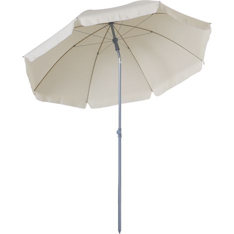 Beigefarbener Sonnenschirm für den Strand, 202 cm Durchmesser, mit neigbarem Schirmdach, abnehmbarer Stange und Erdspieß.