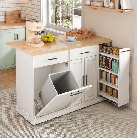 REDOM - Isola da cucina 120x70x93 cm, piano ribaltabile, vano per rifiuti, 2 cassetti, portaspezie, MDF bianco (1/5)