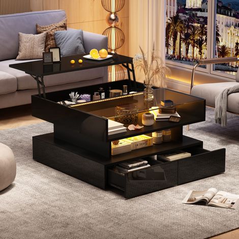 Table basse 80x80x45 cm noire avec plateau relevable, LED, verre trempé et 2 tiroirs MEUBLIV (1/5)