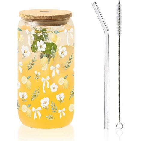Tasses en verre 330ml avec couvercles, pailles, motif fleurs bleues et papillon, tasse à café glacé, cadeau femme Saint-Valentin anniversaire (1/5)