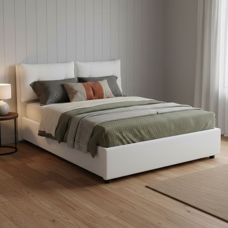 Dmora - Cama de plaza y media Dcolomb, Cama contenedor con tapizado en ecopiel, 100% Made in Italy, Apertura frontal, con colchón Cm 120x190 incluido, Blanco (1/5)