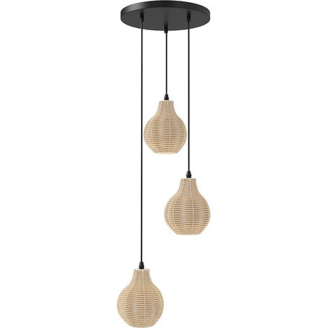 Suspension bohème beige à 3 lumières en rotin tressé avec hauteur réglable et douilles E27 pour cuisine salle à manger et couloir