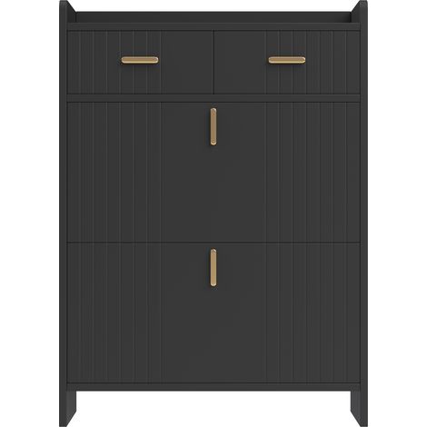 Meuble à chaussures étroit avec portes basculantes et 2 tiroirs, noir, 75 x 24 x 108,5 cm (1/5)