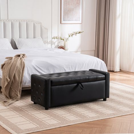 Rechteckige gepolsterte PU-Aufbewahrungsbank 122 x 45 x 47 cm, schwarz OKMYHOME (1/5)