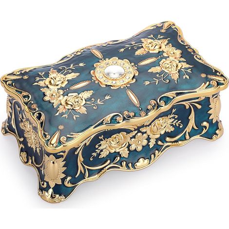 Boîte à bijoux vintage, grande boîte à bijoux en métal pour bagues, colliers et boucles d'oreilles, grande boîte de rangement pour bijoux (bleue) (1/3)