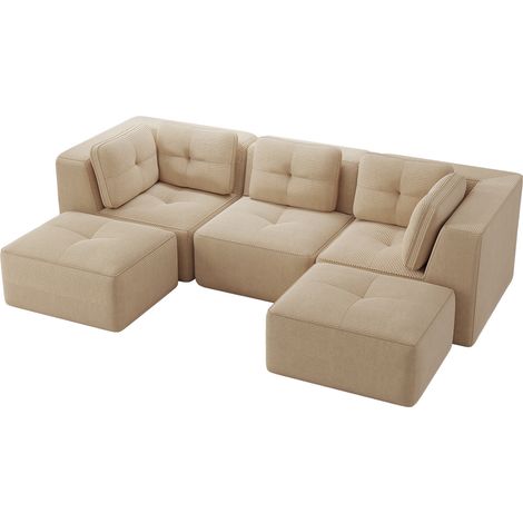 Canapé d'angle modulable en velours côtelé beige, 3 places avec ottomane, structure sans cadre, assise profonde (1/5)