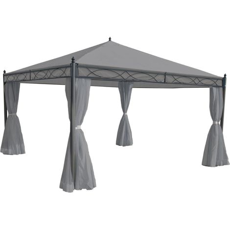 Gazebo pergola baldacchino Cadice acciaio poliestere 4x4m grigio chiaro con tende (1/5)