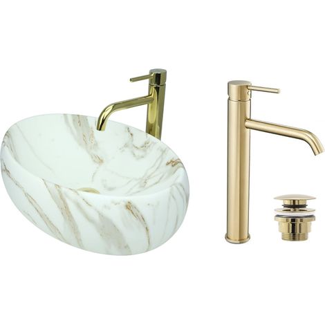 GTM Design Aufsatzwaschbecken 48 cm Matt Set mit Waschtischbatterie und Stopfen - Aufsatzwaschbecken Oval für Badezimmer - Modernes Waschbecken ohne Hahnloch - Waschbecken mit Armature (1/5)