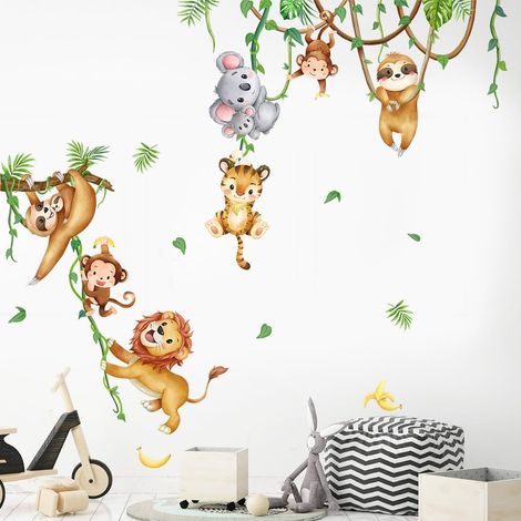 Décor mural adhésif animaux jungle, stickers muraux chambre bébé, singe lion tigre éléphant, décalcomanies forêt safari, art mural autocollant amovible pour enfants, décoration murale ludique (1/5)
