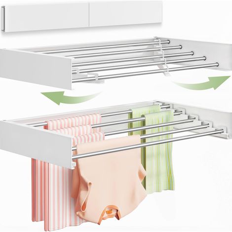 Étendoir à Linge Mural 80 cm, Séchoir Mural Pliable pour Intérieur, Séchoir à Linge Rabattable, Porte-Serviettes avec Gabarit de Perçage, 5 Barres, Blanc