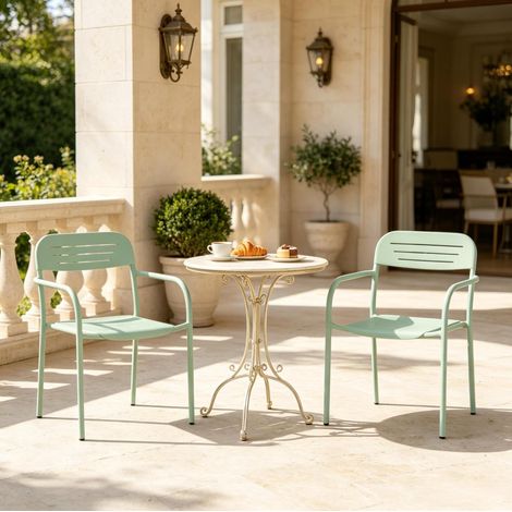 Set de 2 sillas de jardín de metal verde, apilables, con reposabrazos y respaldo (1/5)
