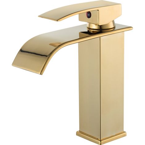Robinet Salle Bain Cascade Doré Brossé, Mitigeur Lavabo Salle de Bain en Laiton, Robinet Lavabo sans Tirette ni Vidage, Tuyau de 60cm inclus, Robinettrie Or