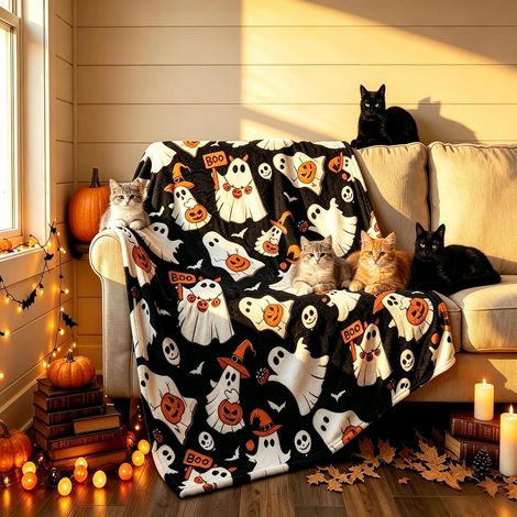 Couverture fantôme pour Halloween (50 x 60 pouces) – Plaid chaud et doux en flanelle. Couverture en flanelle avec motif fantôme adaptée à toutes les saisons, texture douce et agréable au toucher. (1/5)