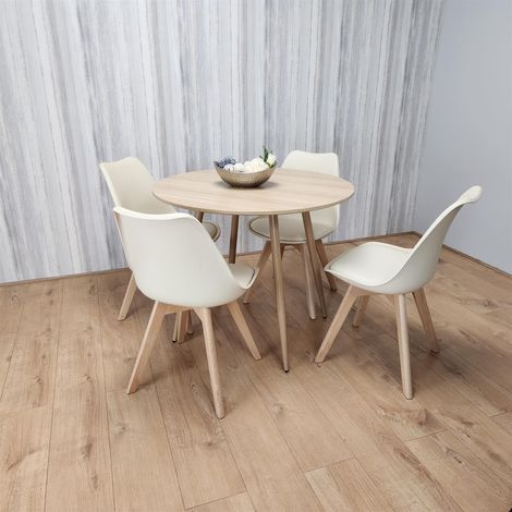 Dining Table and 4 Chairs Round Wood Effect 4 Cream Leather Plastic Chairs Dining Set