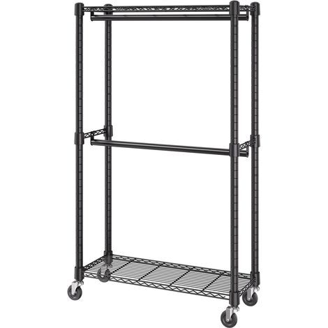 Portant à vêtements robuste, double barre de suspension avec étagères de rangement supérieure et inférieure, portant à roulettes, tube en acier épais de 2,5 cm de diamètre supportant jusqu'à 136,1 kg (1/5)