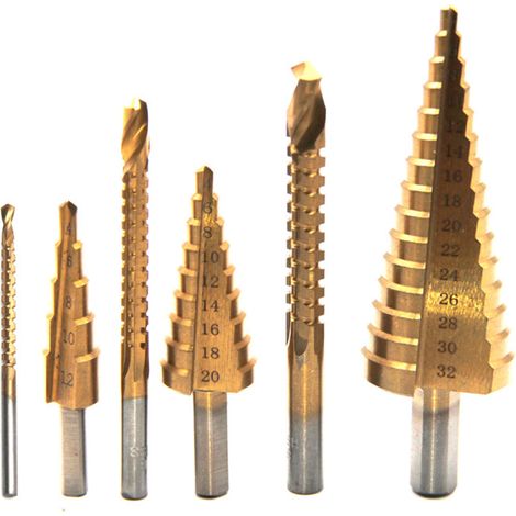 Foret étagé à queue triangulaire et goujure droite de 4-12/4-20/4-32 mm, foret scie de 3/6/8 mm, coffret de 6 outils de perçage (1/5)
