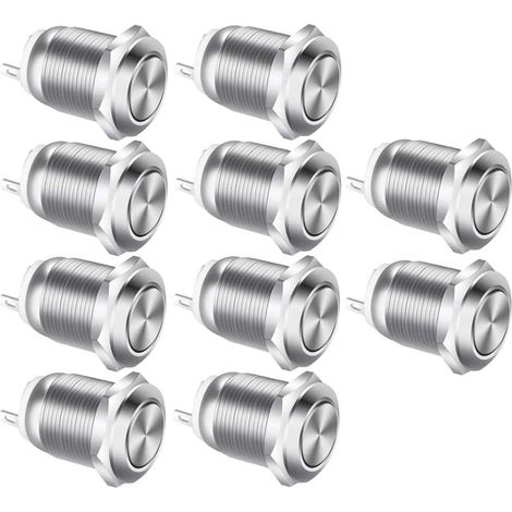 10 Pièces Bouton poussoir, 12mm, Acier inoxydable, Momentané, Étanche IP67, 2A 12V-250V, Tête plate (1/4)