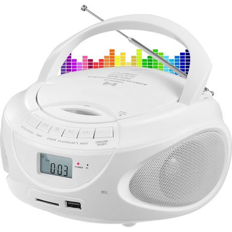 Tragbare Stereoanlage mit CD-Player, AM/FM-Stereoradio, Bluetooth, USB-Anschluss, SD-Kartensteckplatz, AUX-Eingang, MMC-Player, LCD-Bildschirm, Kopfhöreranschluss, Netz-/Batteriebetrieb, für Kinder, S