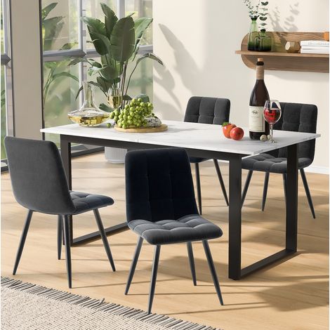 FLORAGRACE Ensemble table à manger extensible 140/180 x 80 x 75 cm avec 4 chaises en velours gris, plateau MDF blanc, pieds métal noirs, design moderne pour salle à manger (1/5)