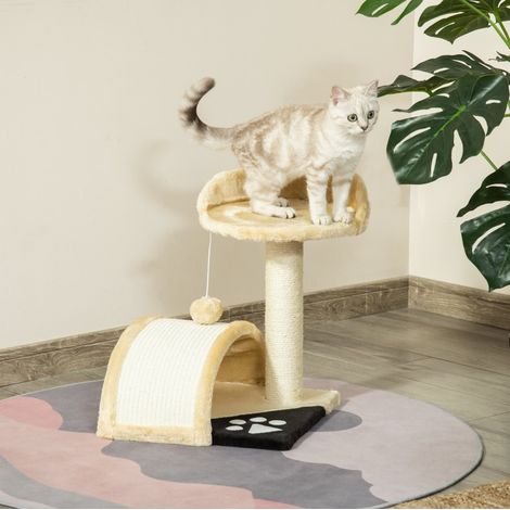 Kratzbaum aus Sisal und Plüsch in Beige, mehrstufig zum Kratzen, Ruhen und Spielen, 35,5 x 37 x 46 cm (1/5)