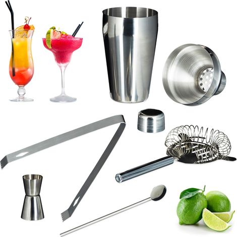 12 tlg Getränke-Set XXL, Flachmann 200 ml, mit Bechern u. Trichter, Shaker, Barsieb, Messbecher, Cocktaillöffel, Zange
