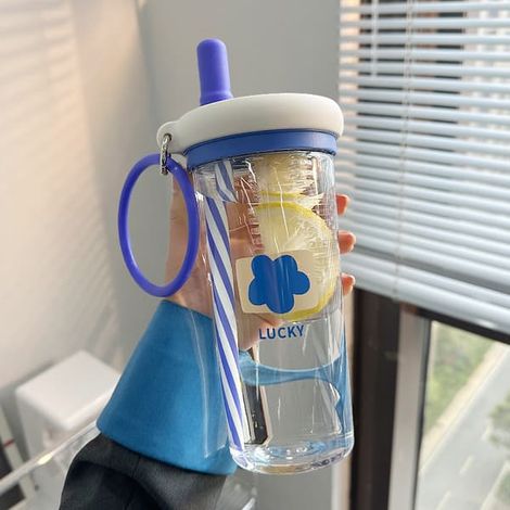 Gourde bleue avec paille et filtre, format portable 800 ml, idéale pour les boissons d'été comme d'hiver, accessoire de voyage parfait. (1/2)