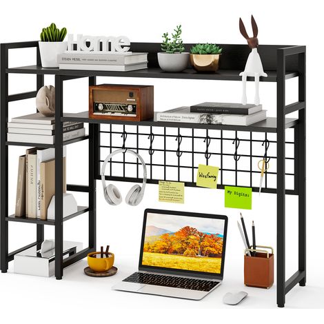COSTWAY Desk Shelf 4-Tier Desktop Display Rack with Metal Grid Panel Black (1/5)