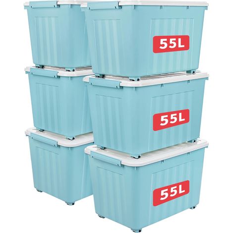 55L6 Boîtes de Rangement avec Couvercles, Boîte de Rangement en Plastique avec Clips et Roulettes, Empilables, Encastrables, pour Placard de Bureau à Domicile, Bleu, 55L, Lot de 6 (1/5)
