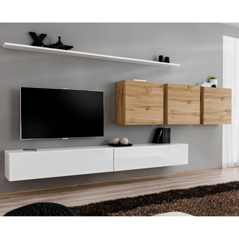 Meuble TV Mural Design "Switch VII" 340cm Blanc & Naturel (1/4)