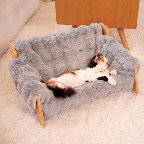 Cat Hammock for Large Cats Freestanding Beech Wood Sun Lounger against Tipping Washable Bed for Indoor and Window 70 x 47 x 30 cm White Grey Khaki (1/5)