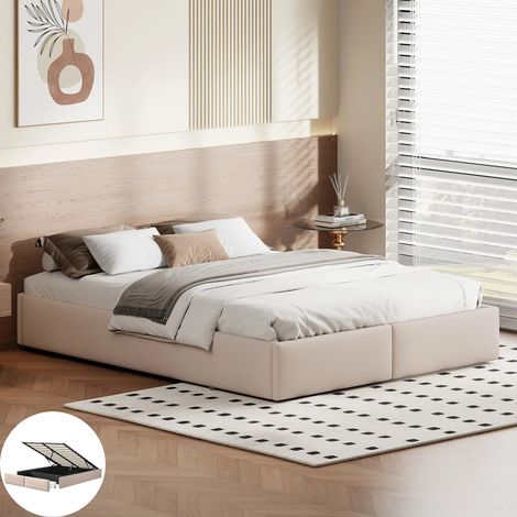 Lit Coffre Sans Tête de Lit 160×200 cm Tissu Lin Beige, Sommier Hydraulique et 2 Tiroirs Coulissants, Design Minimaliste Moderne (1/5)