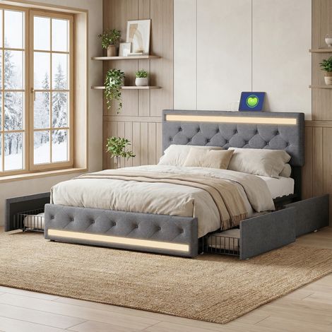 Bett 180x200 mit 4 Schubladen, Polsterbett mit LED & USB-C, Bett Erwachsene mit verstellbarem Kopfteil, Stauraumbett Leinen, moderner Skandi-Stil(180x200cm, Grau)