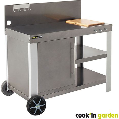 Desserte de jardin pour Plancha / Barbecue COOK'IN GARDEN Nova XL - Acier - Avec Crédence - Étagère - Porte Serviette - Porte Ustensiles - Gris