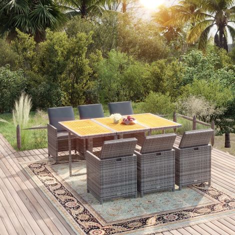 Set comedor jardín 7 pzas y cojines ratán sintético gris (1/5)
