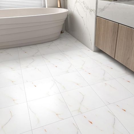 18 x White Marble Effect Adhesive Floor Tiles 30 cm x 30 cm PVC Adhesive Floor Bathroom Cover 1.62㎡ Self-Adhesive Tile Floors Waterproof for Kitchen Bedroom Decorative (1/4)