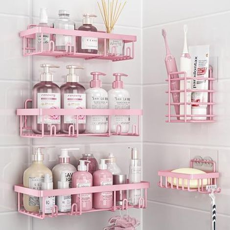 Étagère De Salle De Bain Pour Douche - Pack De 5 Porte-Objets De Salle De Bain Avec Adhésif Sans Trace De Perforation Sans Perçage (1/5)