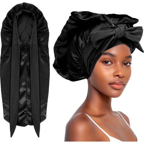 Bonnet long en satin pour tresses, bonnet de nuit pliable avec lien et bouton, noir, idéal pour les cheveux longs. (1/4)