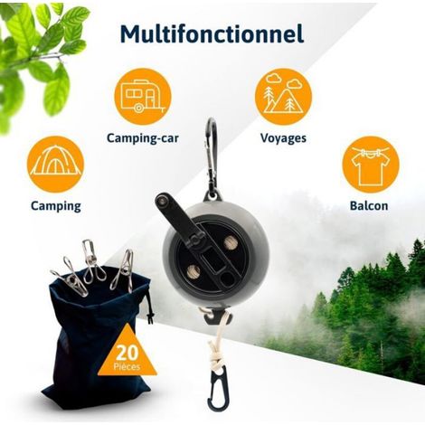 Corde A Linge Rétractable - 8 M - Manivelle Dépliable - Capacité 50 Kg - 20 Pinces Acier Inoxydable (1/4)