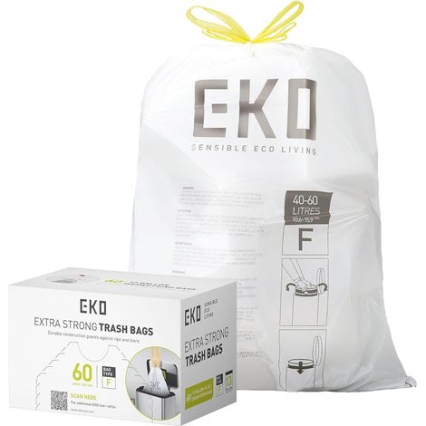 Lot de 60 petits sacs poubelle extra résistants avec cordon de serrage, 40 à 60 L, rouleau à distribution facile, code F (1/5)