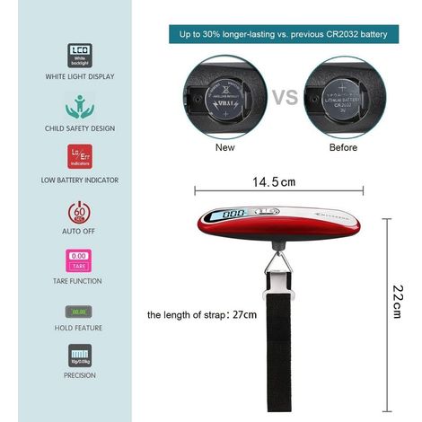 Reisegepäckwaage, elektronische Gepäckwaage, max. 50 kg, Kofferwaage mit Tara-Funktion, tragbare Gepäckwaage, Batterie enthalten, digitale Gepäckwaage, rot (1/4)