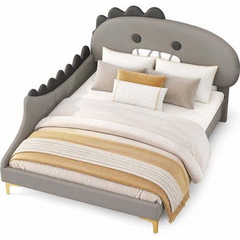 Letto per bambini 140x200 cm a forma di dinosauro, piattaforma con testiera cartoon, rivestimento in PU grigio, struttura in MDF, stile moderno - CHICFURN (1/5)